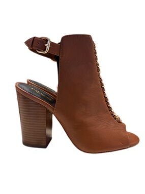 Coach Brown Peep-Toe Chain Detail Block Heels | Size 8.5